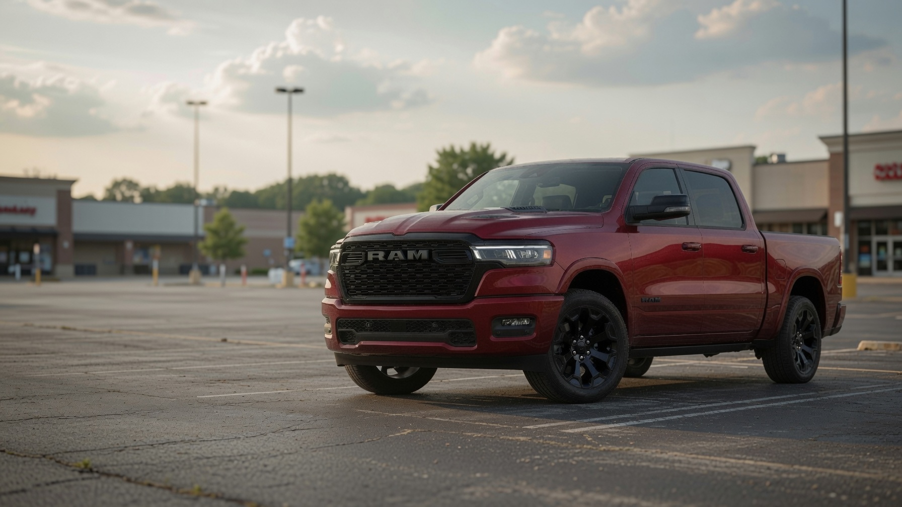 Red RAM crew cab pickup truck in three-quarter front view parked in empty asphalt commercial parking lot with buildings and trees in background