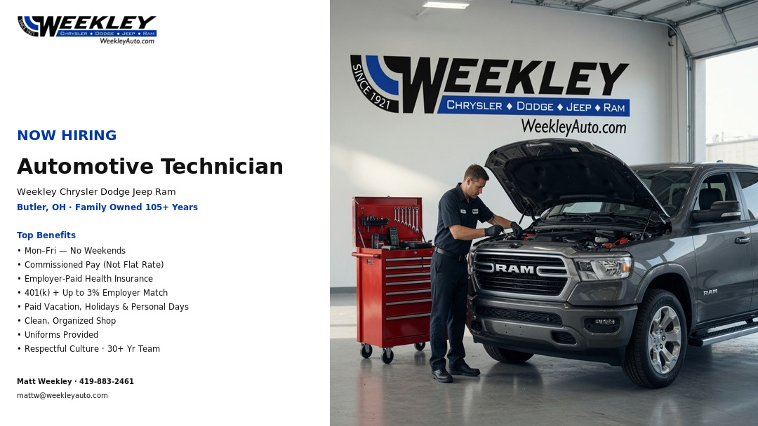 Weekley CDJR Automotive Technician Hiring – Butler OH Technician working on a Ram truck in Weekley CDJR service bay with hiring benefits list